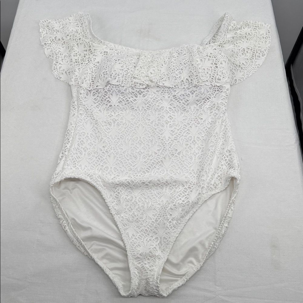 Lauren Ralph Lauren Swimsuit Wm 14 White Lace Off the Shoulder One Piece Ruffle